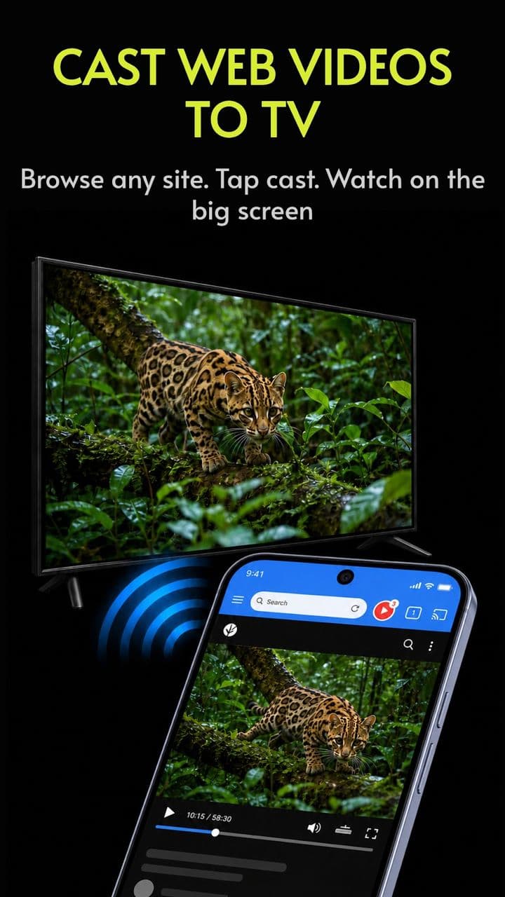CastBrowser playing a web video on a television while the phone shows the same page