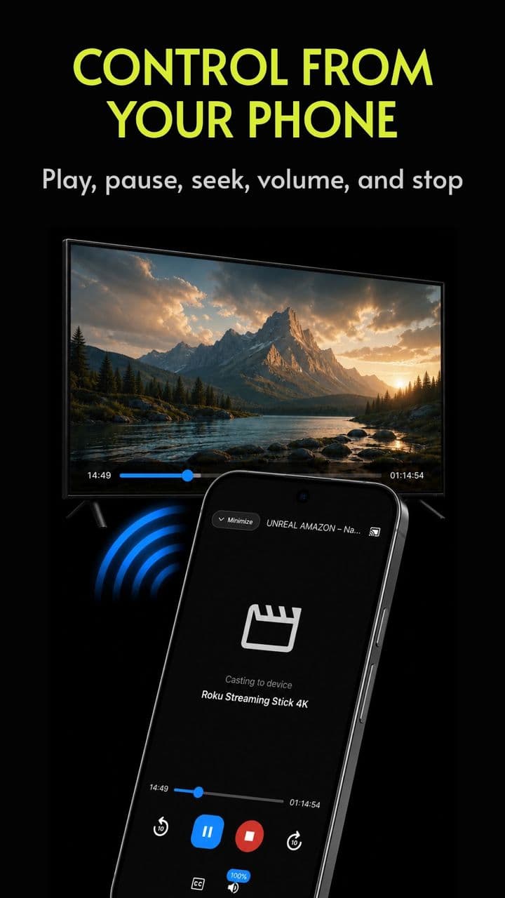 CastBrowser playback controls on a phone driving a video on a Roku Streaming Stick